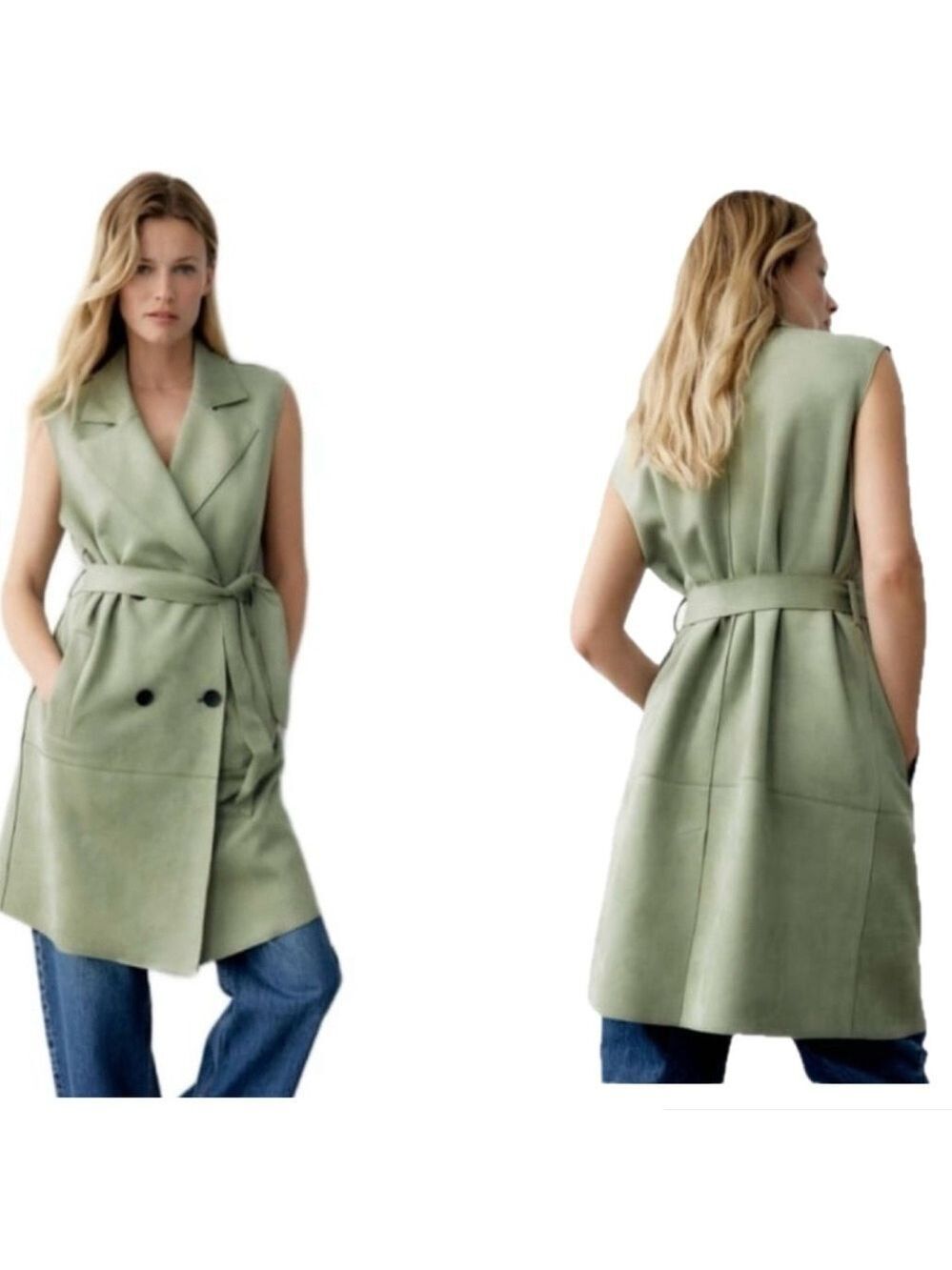Zara belted faux suede sleeveless double breasted vest jacket dusty green XS